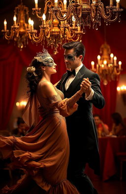 A man and a woman dancing passionately in an elegant ballroom setting reminiscent of the early 1900s