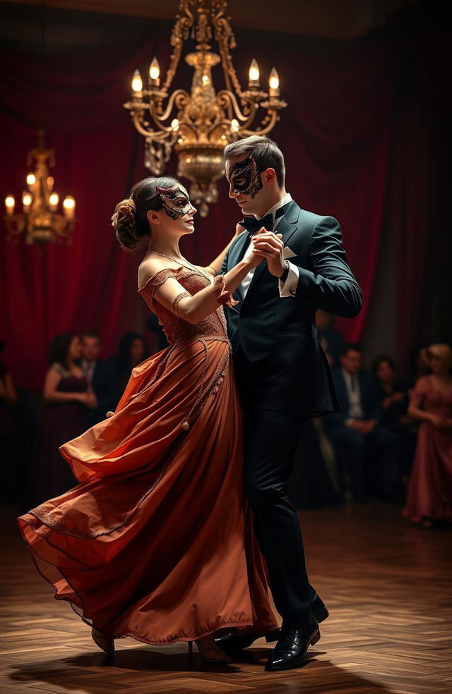 A man and a woman dancing passionately in an elegant ballroom setting reminiscent of the early 1900s