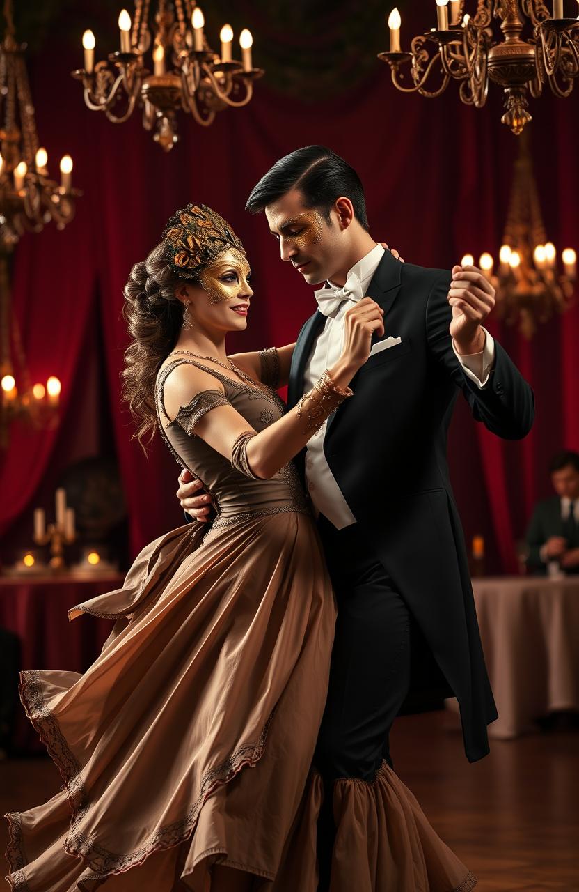 A man and a woman dancing passionately in an elegant ballroom setting reminiscent of the early 1900s