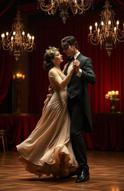 A man and a woman dancing passionately in an elegant ballroom setting reminiscent of the early 1900s