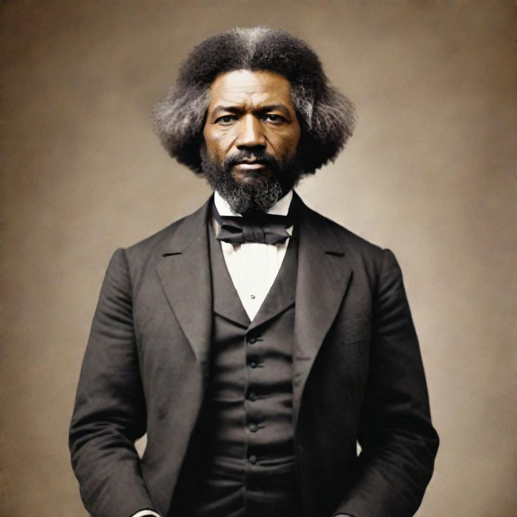 Create an image of Frederick Douglass standing tall, his figure exuding confidence and resilience. He is dressed in his signature style, reflecting his role as a social reformer and statesman. The background is neutral to highlight Douglass.