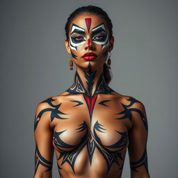 A striking full-body portrayal of a woman showcasing dramatic body paint featuring bold white and black lines that run across her cheeks and nose
