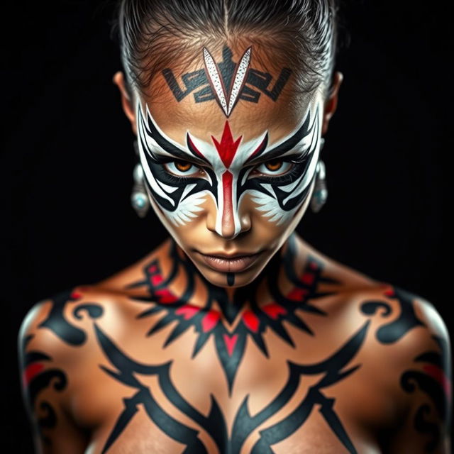 A striking full-body portrayal of a woman showcasing dramatic body paint featuring bold white and black lines that run across her cheeks and nose