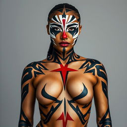 A striking full-body portrayal of a woman showcasing dramatic body paint featuring bold white and black lines that run across her cheeks and nose