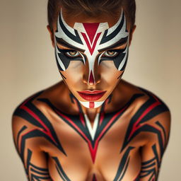 A striking full-body portrayal of a woman showcasing dramatic body paint featuring bold white and black lines that run across her cheeks and nose