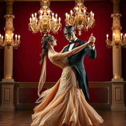 A young man and a young woman dancing elegantly in a lavish ballroom setting inspired by the early 1900s