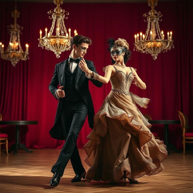 A young man and a young woman dancing elegantly in a lavish ballroom setting inspired by the early 1900s