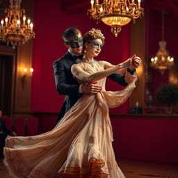 A young man and a young woman dancing elegantly in a lavish ballroom setting inspired by the early 1900s