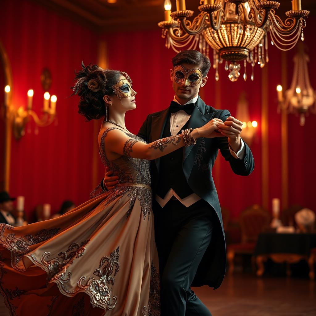 A young man and a young woman dancing elegantly in a lavish ballroom setting inspired by the early 1900s