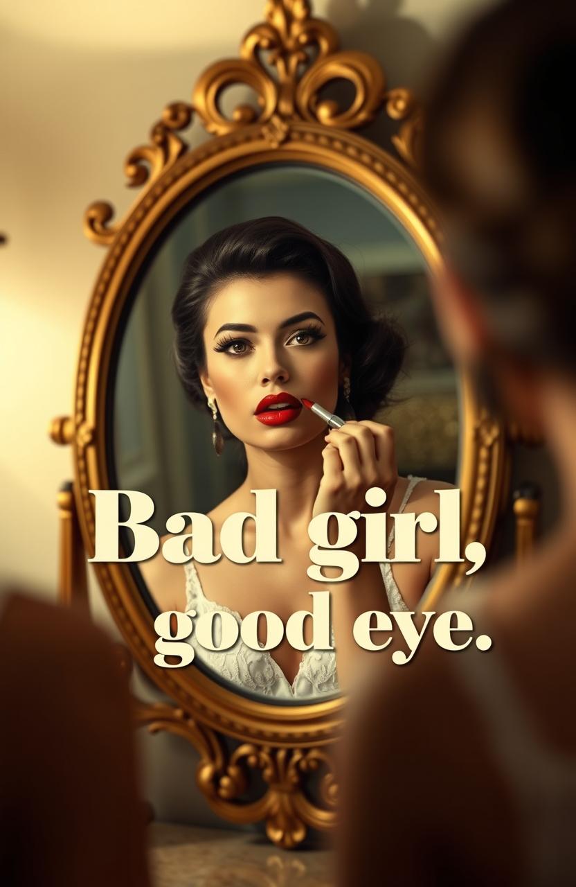 A beautifully styled image featuring a vintage mirror reflecting a glamorous lady applying dark red lipstick