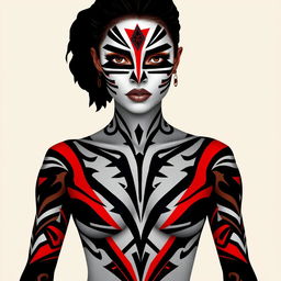 A captivating full-body representation of a woman adorned with dramatic body paint featuring bold white and black lines that run across her cheeks and nose