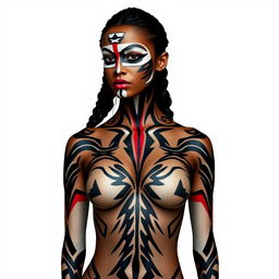 A captivating full-body representation of a woman adorned with dramatic body paint featuring bold white and black lines that run across her cheeks and nose