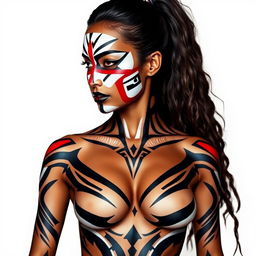 A captivating full-body representation of a woman adorned with dramatic body paint featuring bold white and black lines that run across her cheeks and nose