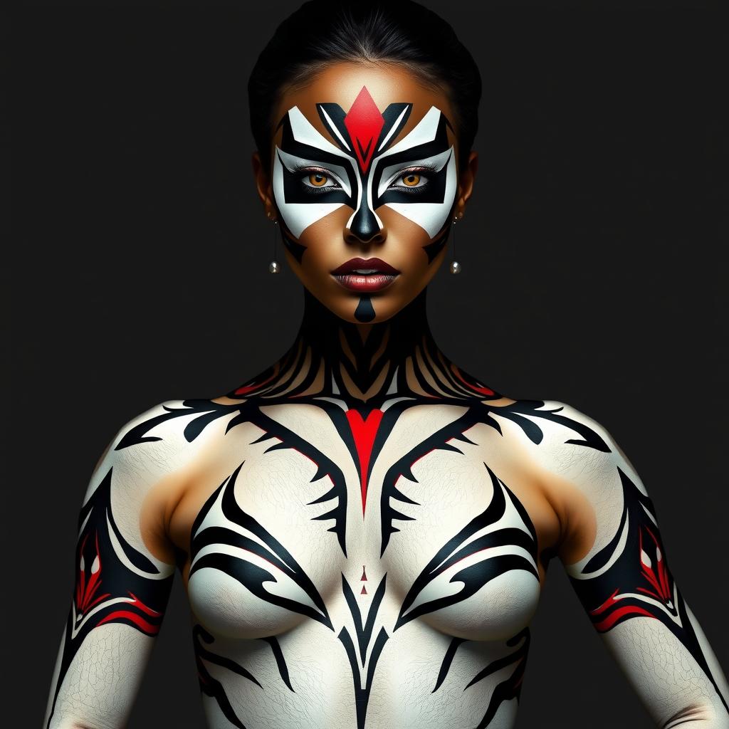 A captivating full-body representation of a woman adorned with dramatic body paint featuring bold white and black lines that run across her cheeks and nose