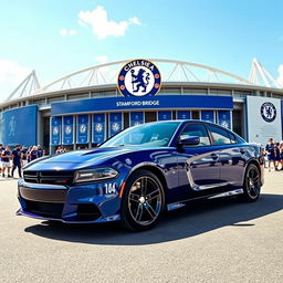 A stunning Dodge Charger parked majestically in front of Stamford Bridge, home of Chelsea Football Club