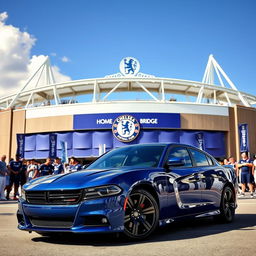 A stunning Dodge Charger parked majestically in front of Stamford Bridge, home of Chelsea Football Club