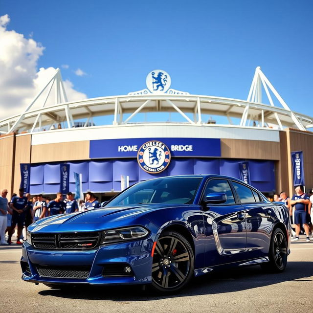 A stunning Dodge Charger parked majestically in front of Stamford Bridge, home of Chelsea Football Club