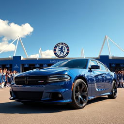 A stunning Dodge Charger parked majestically in front of Stamford Bridge, home of Chelsea Football Club