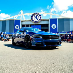 A stunning Dodge Charger parked majestically in front of Stamford Bridge, home of Chelsea Football Club