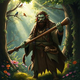 A firbolg cleric druid wielding a sturdy wooden club, standing in a lush, enchanted forest