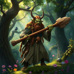 A firbolg cleric druid wielding a sturdy wooden club, standing in a lush, enchanted forest