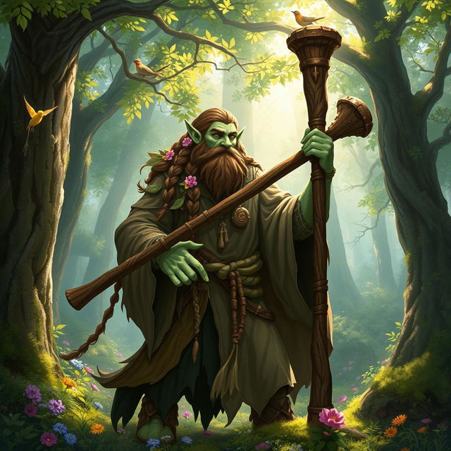 A firbolg cleric druid wielding a sturdy wooden club, standing in a lush, enchanted forest