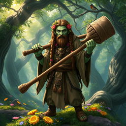 A firbolg cleric druid wielding a sturdy wooden club, standing in a lush, enchanted forest