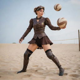 A steampunk-themed volleyball player in Victorian sportswear, complete with leather knee-pads and mechanical aids for better jumps. The volleyball is a unique piece with stitched leather and tiny gears. The scene is set on a sandy court with an intricate, cogwork net.