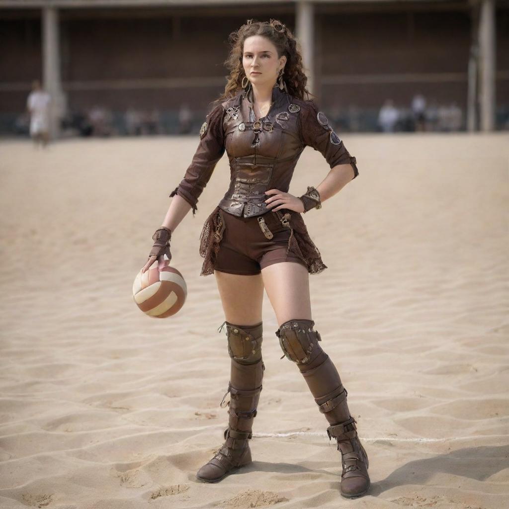 A steampunk-themed volleyball player in Victorian sportswear, complete with leather knee-pads and mechanical aids for better jumps. The volleyball is a unique piece with stitched leather and tiny gears. The scene is set on a sandy court with an intricate, cogwork net.