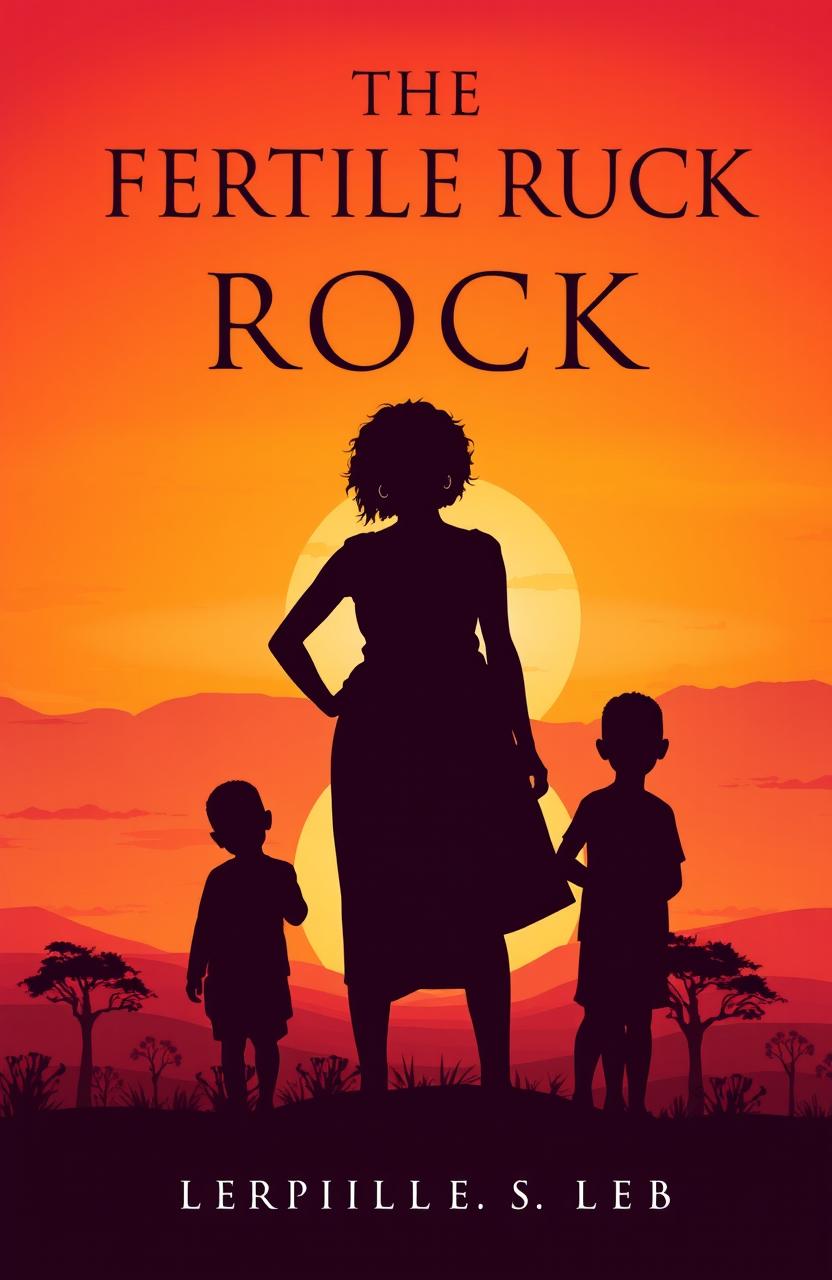 A captivating book cover design for 'THE FERTILE ROCK', depicting a strong African woman named Erica standing confidently with her two sons, Denzra and Daniel, positioned beside her