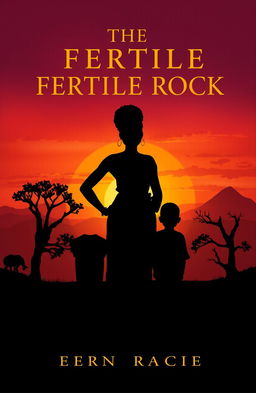 A captivating book cover design for 'THE FERTILE ROCK', depicting a strong African woman named Erica standing confidently with her two sons, Denzra and Daniel, positioned beside her
