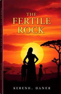 A captivating book cover design for 'THE FERTILE ROCK', depicting a strong African woman named Erica standing confidently with her two sons, Denzra and Daniel, positioned beside her