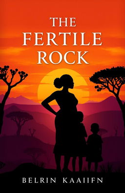 A captivating book cover design for 'THE FERTILE ROCK', depicting a strong African woman named Erica standing confidently with her two sons, Denzra and Daniel, positioned beside her