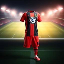A unique football uniform design combining elements of Chelsea Football Club with the iconic color scheme of Manchester United