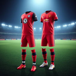 A unique football uniform design combining elements of Chelsea Football Club with the iconic color scheme of Manchester United