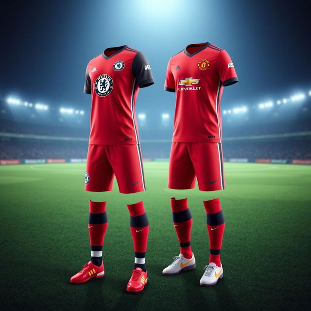 A unique football uniform design combining elements of Chelsea Football Club with the iconic color scheme of Manchester United