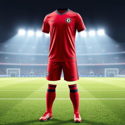 A unique football uniform design combining elements of Chelsea Football Club with the iconic color scheme of Manchester United