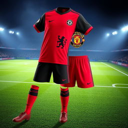 A unique football uniform design combining elements of Chelsea Football Club with the iconic color scheme of Manchester United