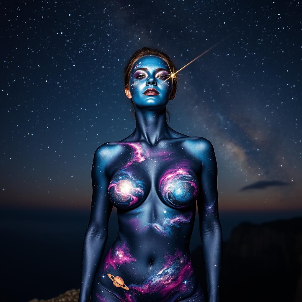 A breathtaking portrayal of a woman wearing cosmic body paint, with deep blues and purples blending across her face, accented by shimmering stars that dot her cheeks and forehead, including a shooting star arcing gracefully across one side of her face