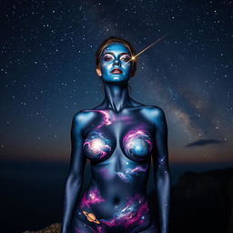 A breathtaking portrayal of a woman wearing cosmic body paint, with deep blues and purples blending across her face, accented by shimmering stars that dot her cheeks and forehead, including a shooting star arcing gracefully across one side of her face