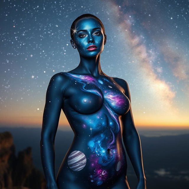 A breathtaking portrayal of a woman wearing cosmic body paint, with deep blues and purples blending across her face, accented by shimmering stars that dot her cheeks and forehead, including a shooting star arcing gracefully across one side of her face