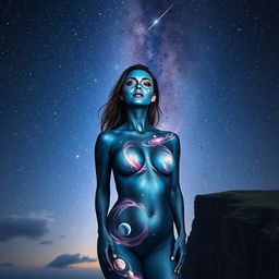 A breathtaking portrayal of a woman wearing cosmic body paint, with deep blues and purples blending across her face, accented by shimmering stars that dot her cheeks and forehead, including a shooting star arcing gracefully across one side of her face