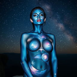 A breathtaking portrayal of a woman wearing cosmic body paint, with deep blues and purples blending across her face, accented by shimmering stars that dot her cheeks and forehead, including a shooting star arcing gracefully across one side of her face