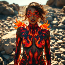 A stunning depiction of a woman adorned with vibrant body paint featuring bright oranges, reds, and yellows that explode from her eyes in a mesmerizing flame-like pattern