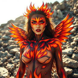 A stunning depiction of a woman adorned with vibrant body paint featuring bright oranges, reds, and yellows that explode from her eyes in a mesmerizing flame-like pattern