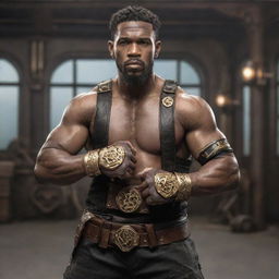 A steampunk MMA fighter in a victorian-era rugged outfit, featuring brass knuckles and leather gear. His fight-ready look is complemented by mechanical enhancements like power-assisted arms. The octagon ring in the background is adorned with brass and iron details.