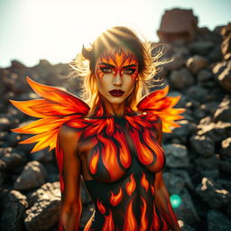A stunning depiction of a woman adorned with vibrant body paint featuring bright oranges, reds, and yellows that explode from her eyes in a mesmerizing flame-like pattern