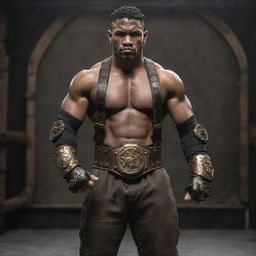 A steampunk MMA fighter in a victorian-era rugged outfit, featuring brass knuckles and leather gear. His fight-ready look is complemented by mechanical enhancements like power-assisted arms. The octagon ring in the background is adorned with brass and iron details.