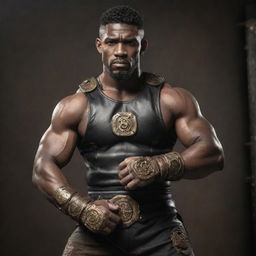 A steampunk MMA fighter in a victorian-era rugged outfit, featuring brass knuckles and leather gear. His fight-ready look is complemented by mechanical enhancements like power-assisted arms. The octagon ring in the background is adorned with brass and iron details.