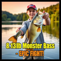 A vertical, vibrant thumbnail featuring a young angler standing on the shore of a picturesque lake, excitedly holding a massive 8